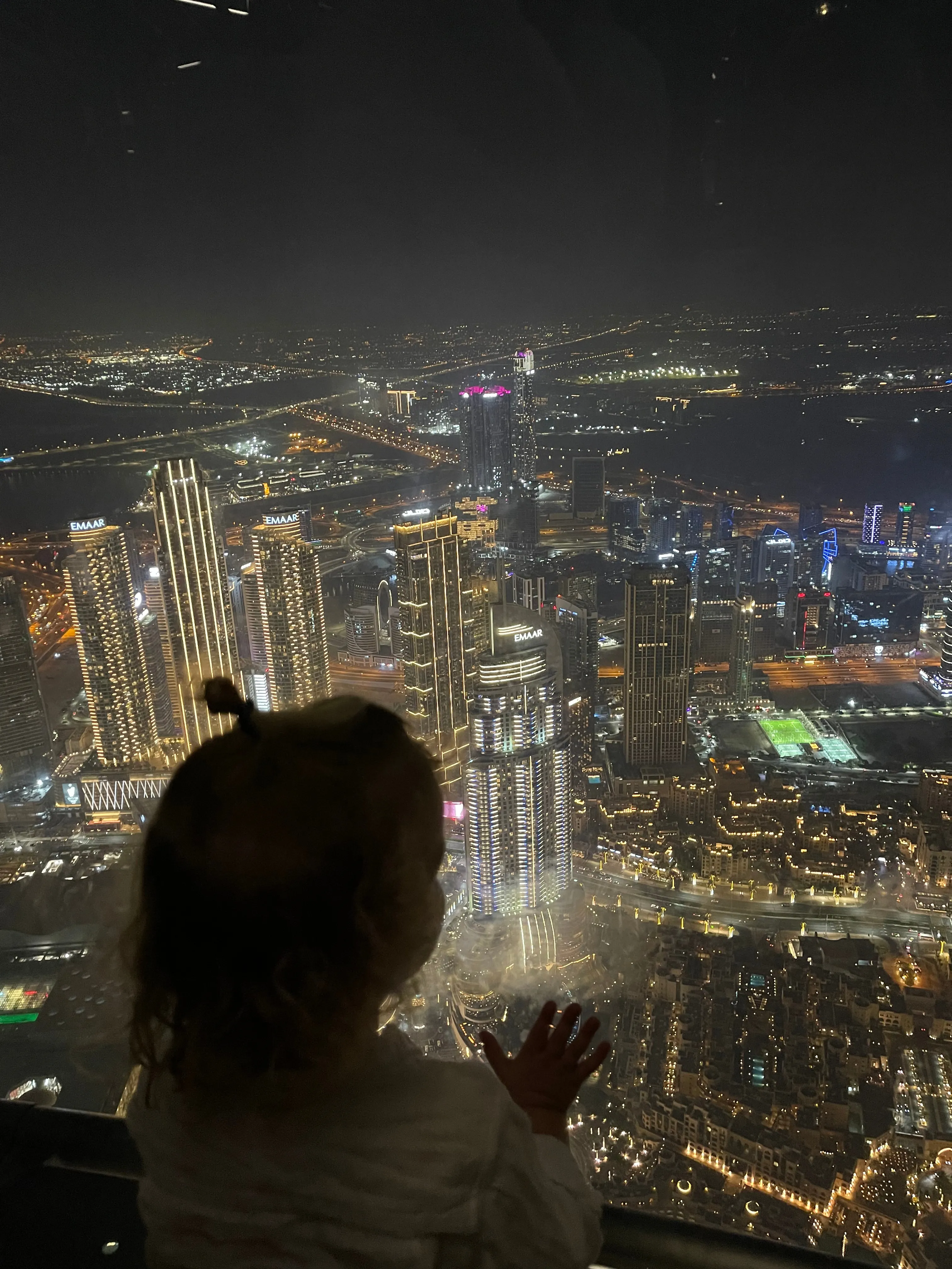 A small child with their hand on the glass, looking out over a city at night
